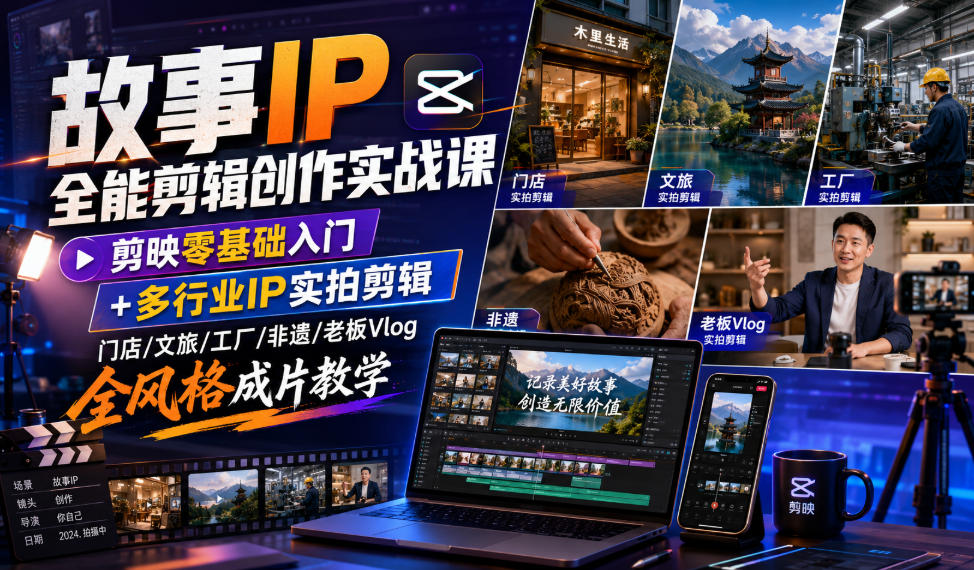 故事IP全能剪辑创作实战课｜剪映零基础入门+多行业IP实拍剪辑，门店/文旅/工厂/非遗/老板Vlog全风格成片教学-小酒源码