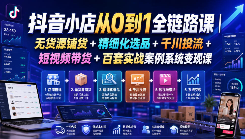 抖音小店从0到1全链路课｜无货源铺货+精细化选品+千川投流+短视频带货+百套实战案例系统变现课(2026年7月更新)-小酒源码