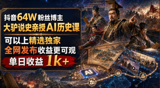 抖音64W粉丝博主大驴说史亲授AI历史课，可以上精选独家，全网发布收益更可观，单日收益1k+-小酒源码