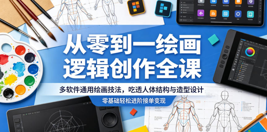 从零到一绘画逻辑创作全课，多软件通用绘画技法，吃透人体结构与造型设计，零基础轻松进阶接单变现-小酒源码